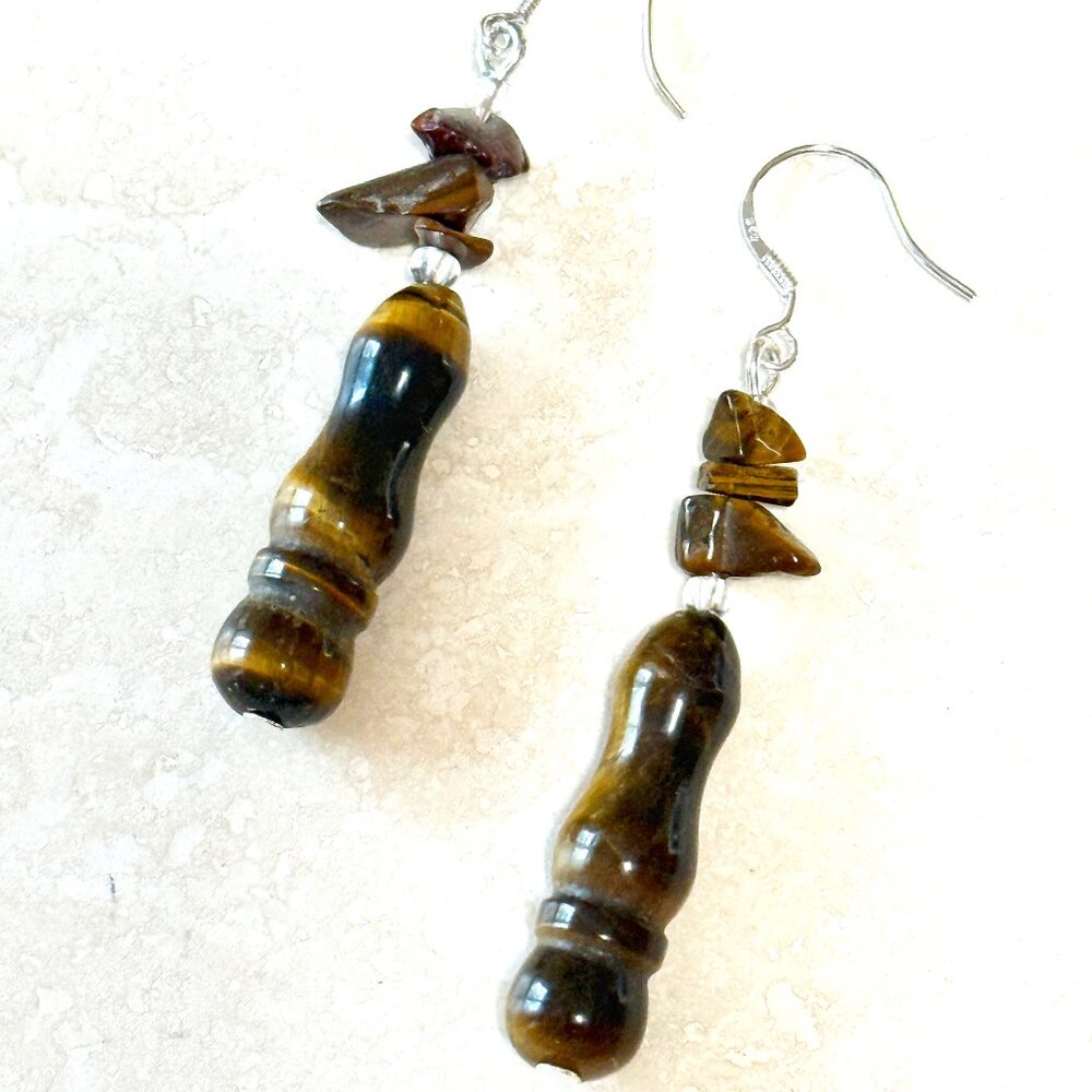 2/$20, Natural Gemstone Tigers Eye Sterling Silver Hook Dangle Drop Earrings
